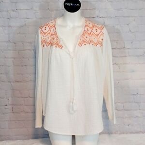 Y2K   Boho    Cotton Embroidery  Beachy  Peasant Soft Longsleeve Top XXL